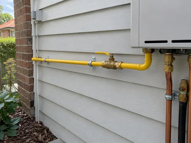 Yellow gas piping on a house exterior wall with a valve and meter cabinet in Bellevue Hill